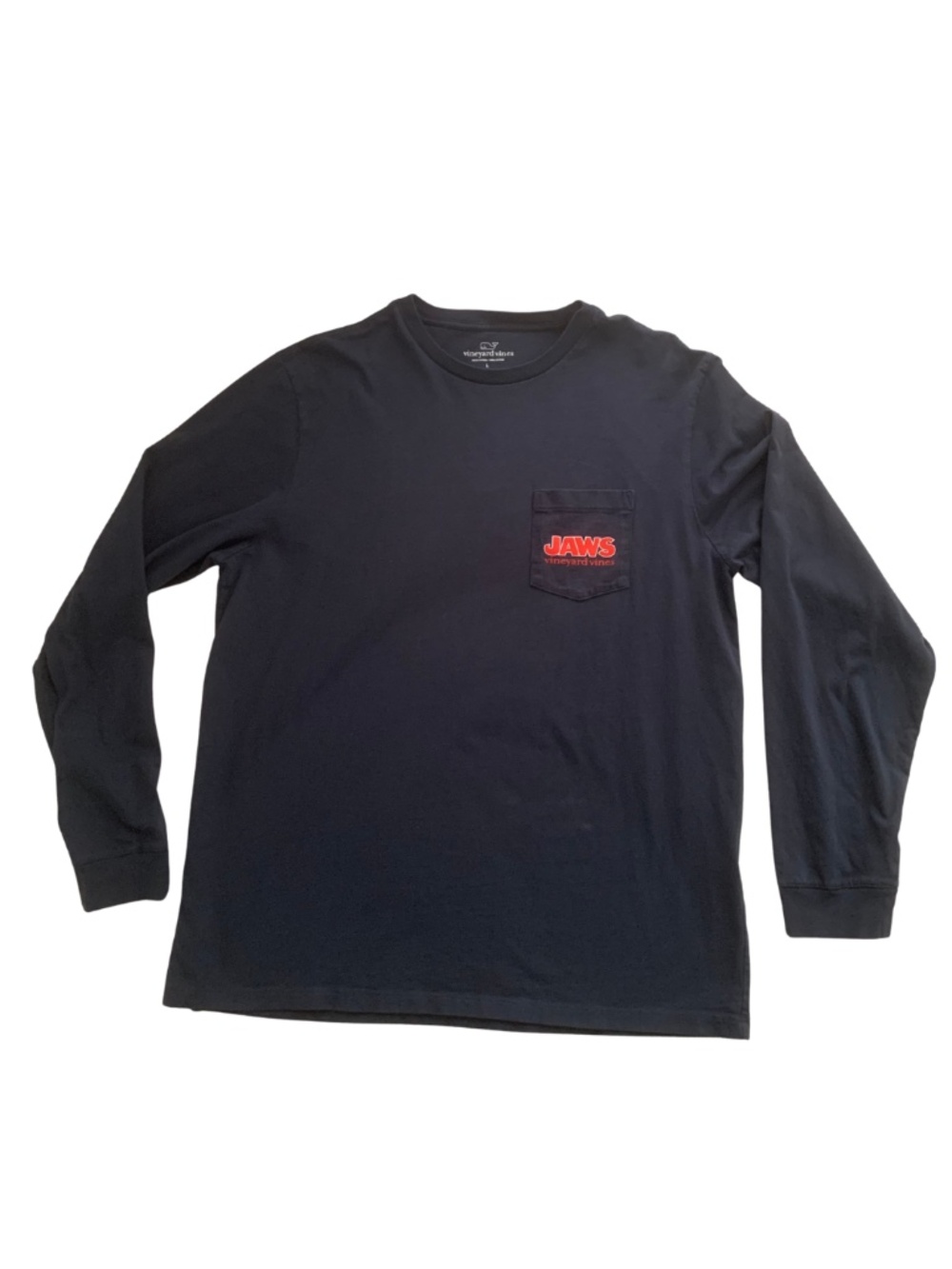 Vineyard Vines Black Long Sleeve Pocket Tee Red JAWS Logo Holiday L Casual